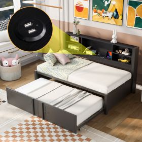 Metal Twin Size Daybed with Twin Size Trundle, Storage Shelves and USB Ports, Black