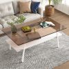 Rectangle Coffee Table, Tempered Glass Tabletop with White Metal Legs, Modern Table for Living Room , Brown Glass