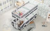 Twin over Twin Bus-shaped Bunk Bed with Wheels and Storage, Gray+White(Expected Arrival Time: 6.8)