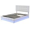 Tufted Upholstered Platform Bed with Hydraulic Storage System,Queen Size PU Storage Bed with LED Lights and USB charger, White