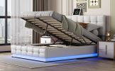 Tufted Upholstered Platform Bed with Hydraulic Storage System,Queen Size PU Storage Bed with LED Lights and USB charger, White