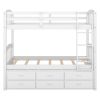 Twin over Twin Wood Bunk Bed with Trundle and Drawers,White