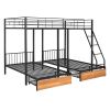 Full Over Twin & Twin Bunk Bed, Metal Triple Bunk Bed with Drawers and Guardrails, Black