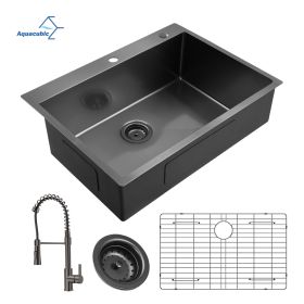 Aqucubic Gunmetal Black CUPC Handmade 304 Stainless Steel Topmount Kitchen Sink with Accessories and faucet (Color: ACS3022A1T-F)