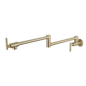 Wall Mounted Pot Filler Double Handle Kitchen Sink Faucet Folding Brass Swing Arm Modern Taps in Matte Black (Color: Brushen Gold)